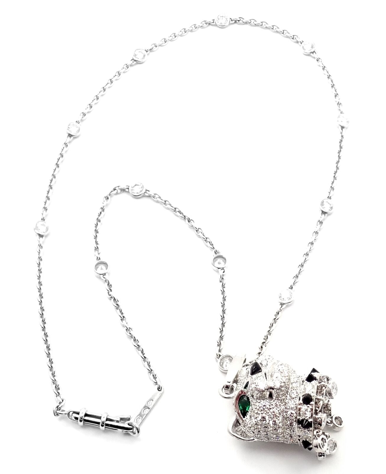 Authentic! Cartier Panther 18k White Gold Diamond Emerald Onyx Pendant Necklace | Fortrove