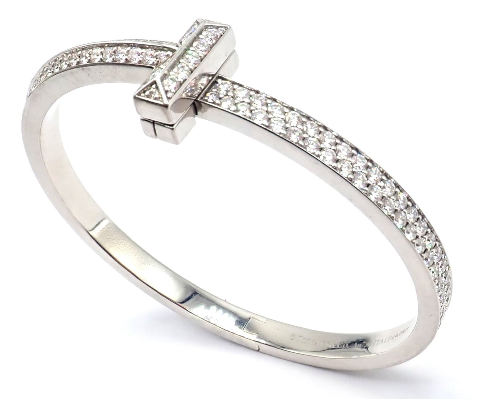 Tiffany & Co. Jewelry & Watches:Fine Jewelry:Bracelets & Charms Authentic! Tiffany & Co 18k White Gold Diamond T1 Wide Hinged Bangle Bracelet
