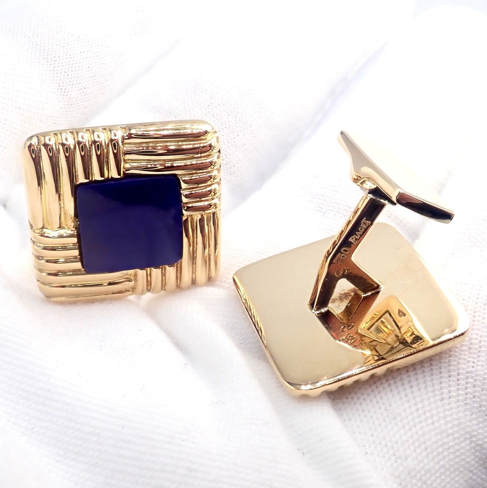 Piaget 18k Yellow Gold Large Lapis Lazuli Rope Square Gold Cufflinks | Fortrove