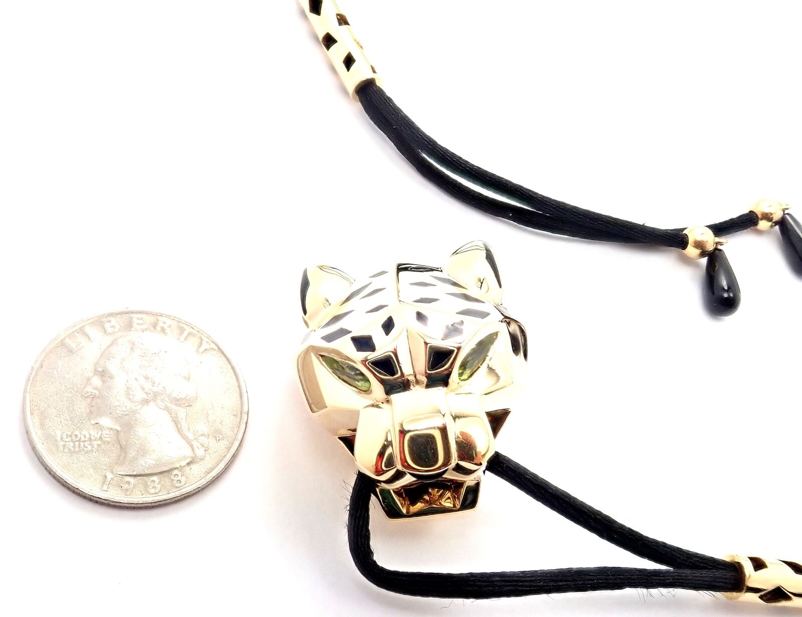 Authentic Cartier Panther Panthere 18k Yellow Gold Peridot Lacquer Cord Necklace | Fortrove