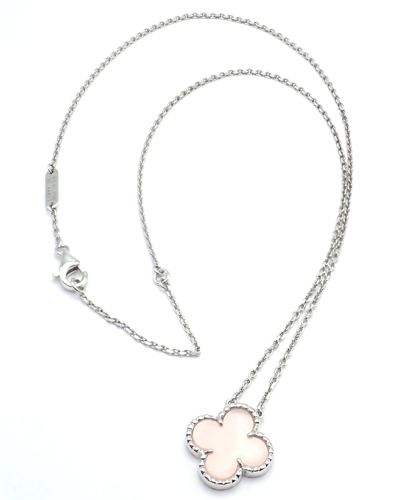 Authentic! Van Cleef & Arpels Alhambra 18k White Gold Pink Opal Necklace Cert. | Fortrove