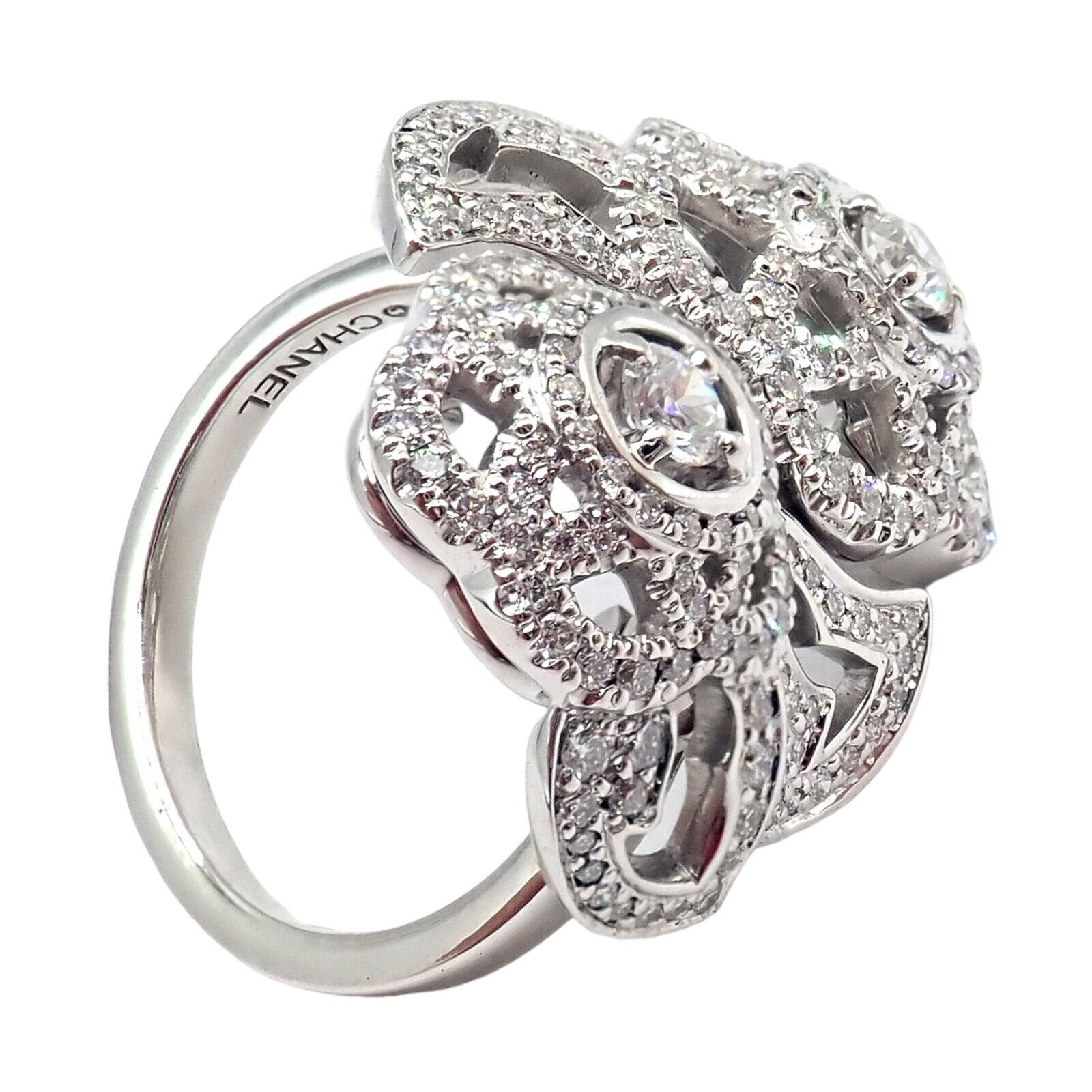 Authentic! Chanel Camellia Two Flower 18k White Gold Diamond Ring | Fortrove
