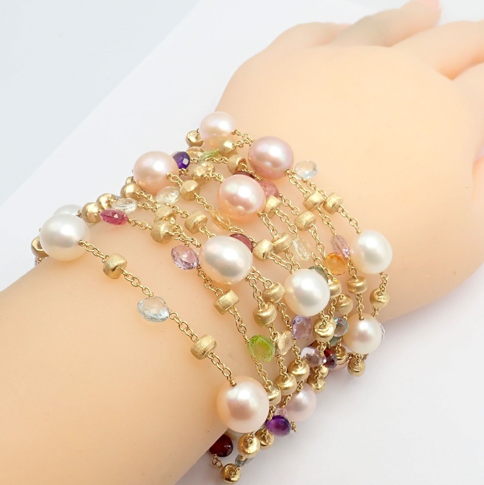 Marco Bicego 18k Yellow Gold Ten Stand Pearl Multicolor Stones Paradise Bracelet | Fortrove