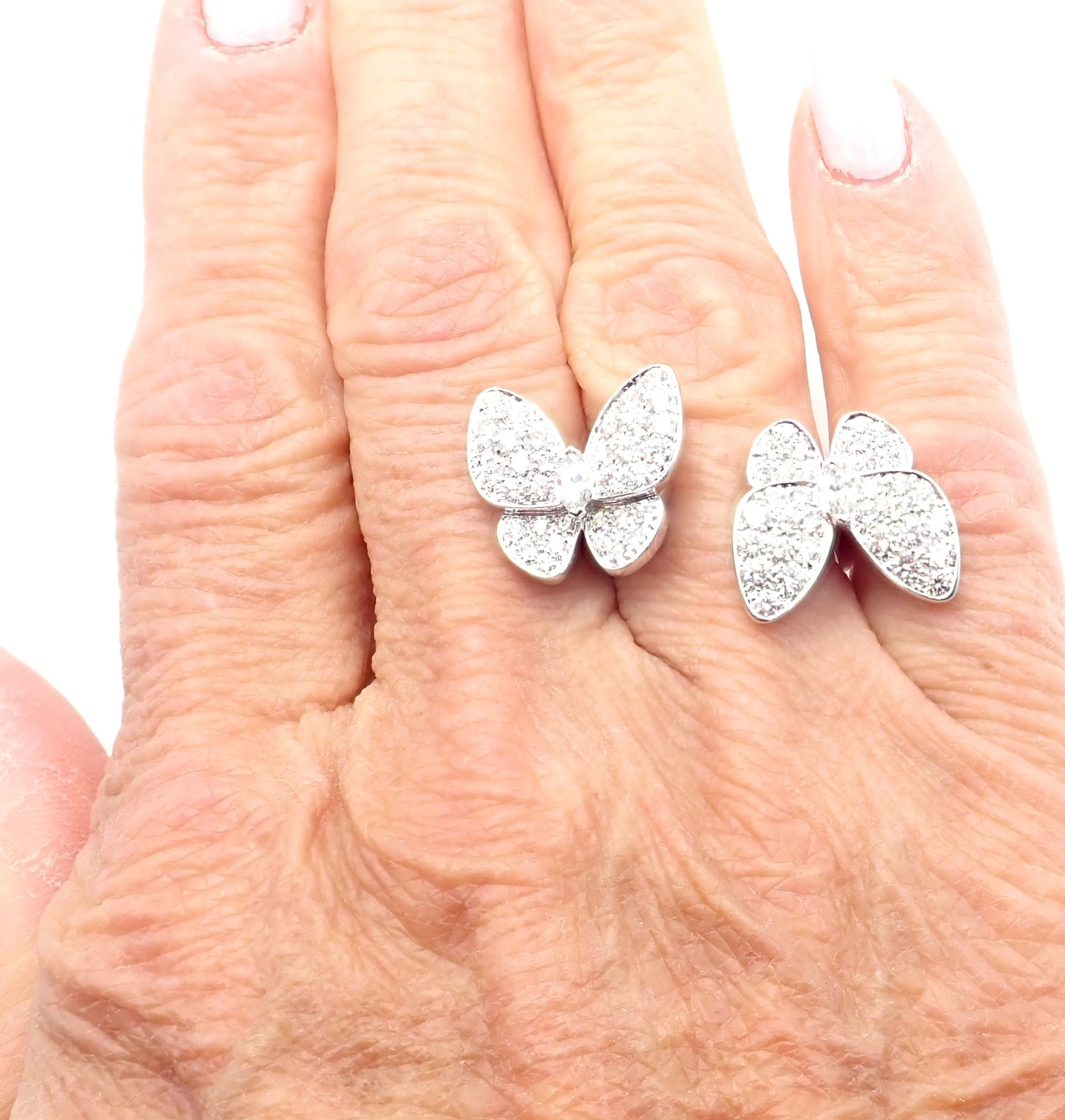 Van Cleef & Arpels 18k White Gold Diamond Two Butterfly Between Finger Ring | Fortrove