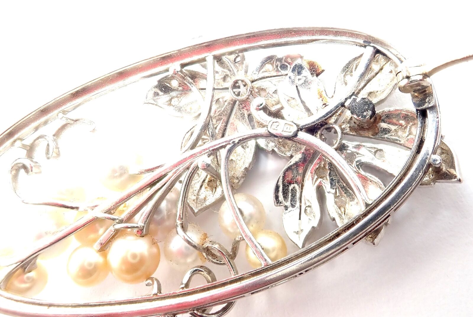 Vintage! Authentic Mikimoto 14k White Gold Diamond Pearl Brooch Pin | Fortrove