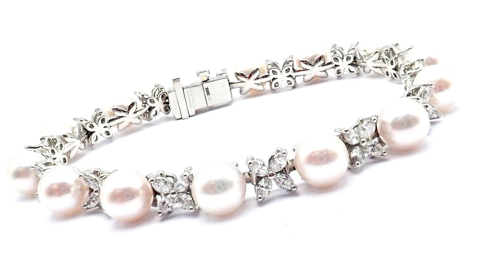 Tiffany & Co Victoria Platinum Diamond Akoya Cultured Pearl Line Tennis Bracelet | Fortrove