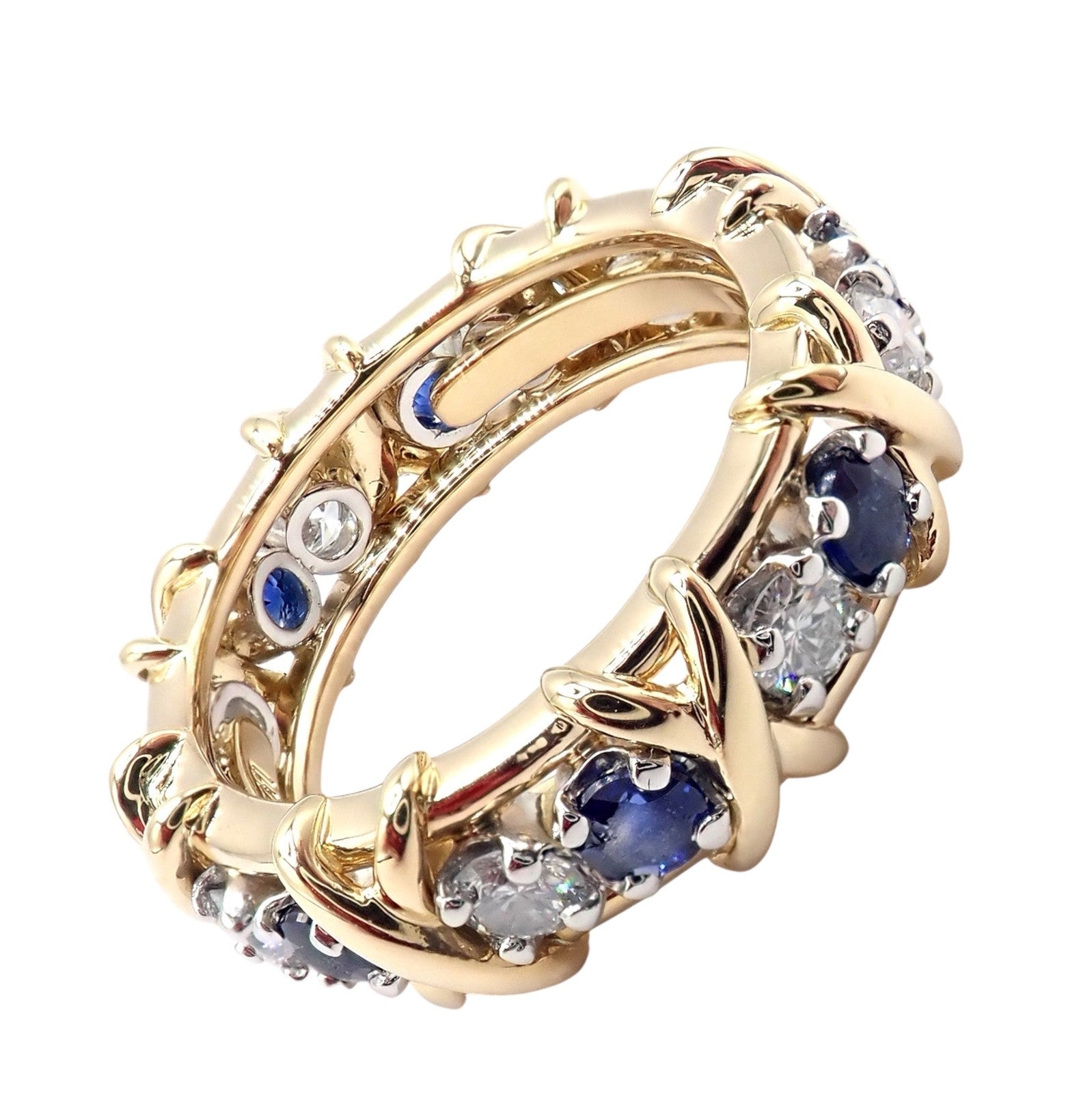 Tiffany & Co Schlumberger 18k Gold Platinum 16 Stone Diamond Sapphire Band Ring | Fortrove