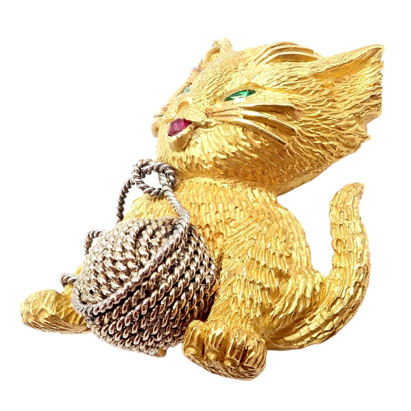 Vintage! Tiffany & Co. France 20k Yellow Gold Ruby Emerald Cat Yarn Pin Brooch | Fortrove