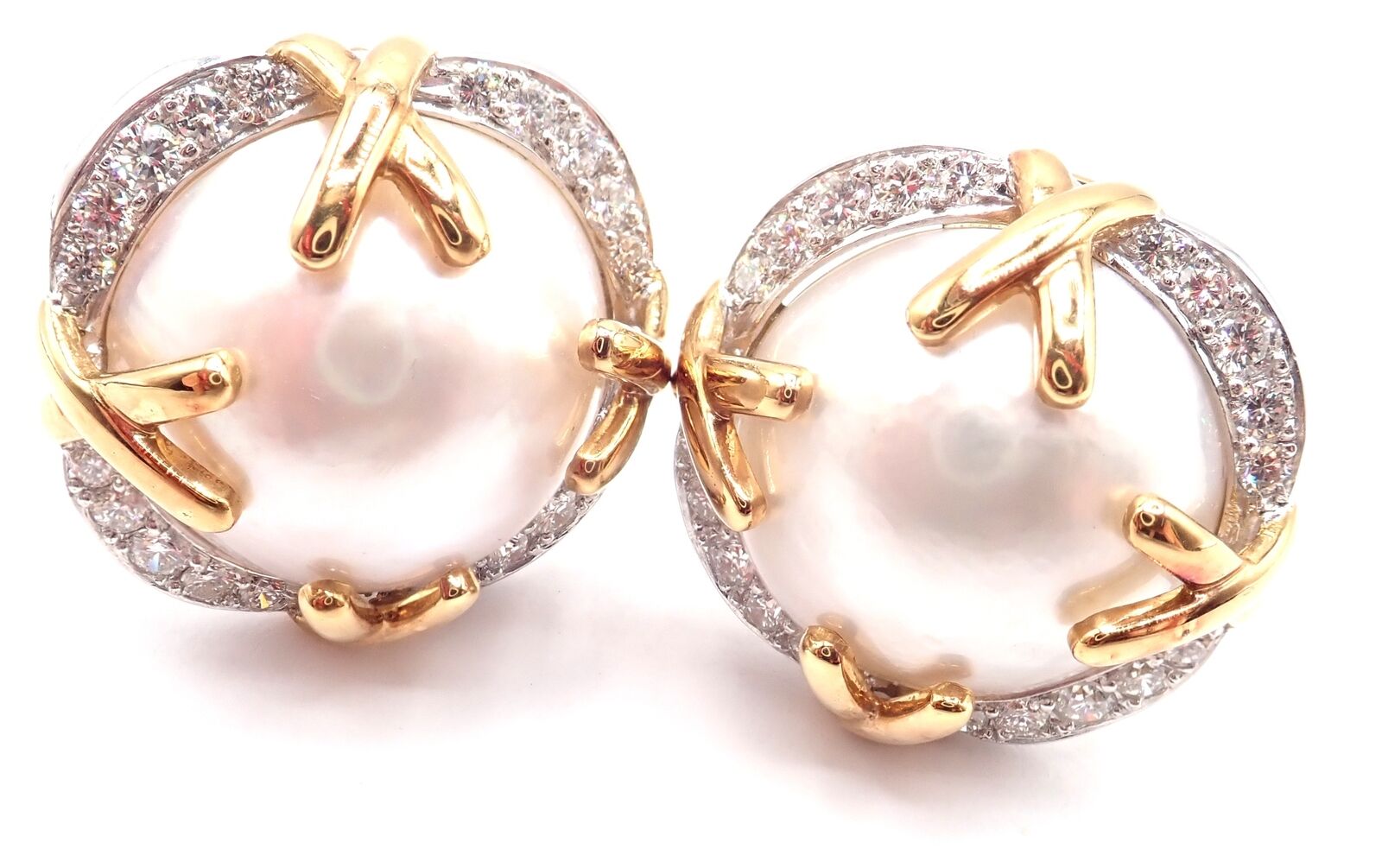 Authentic! Vintage Verdura 18k Yellow Gold Mabe Pearl Diamond Large Earrings | Fortrove