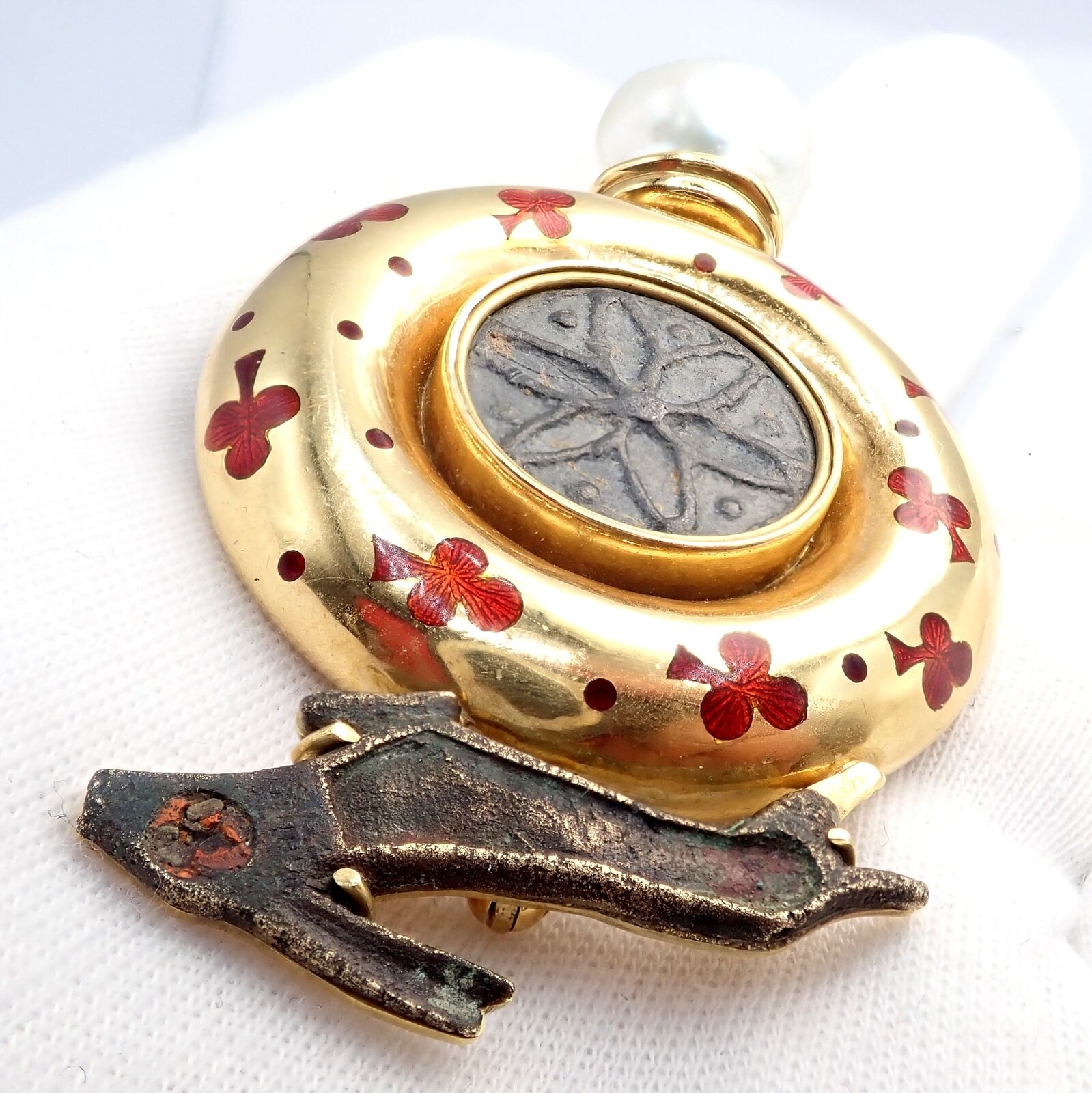 Vintage Elizabeth Gage 18k Yellow Gold Pearl Ancient Coin Enamel Hare Pin Brooch | Fortrove