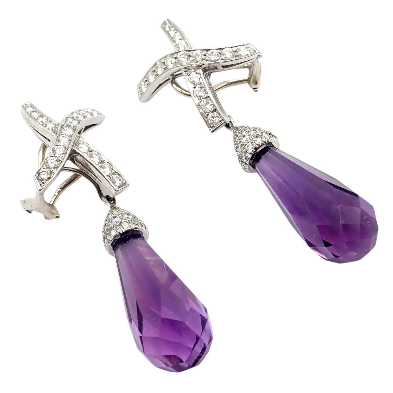 Tiffany & Co Picasso Platinum X Drop Diamond Amethyst Night + Day Earrings 1985 | Fortrove