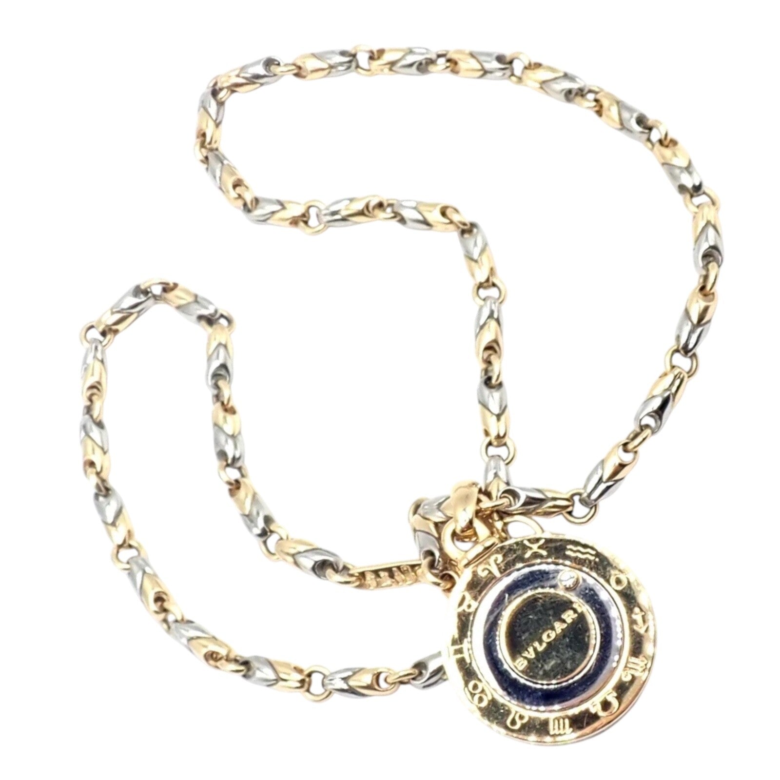 Authentic! Bulgari Bvlgari 18k Yellow Gold Steel Diamond Zodiac Pendant Necklace | Fortrove