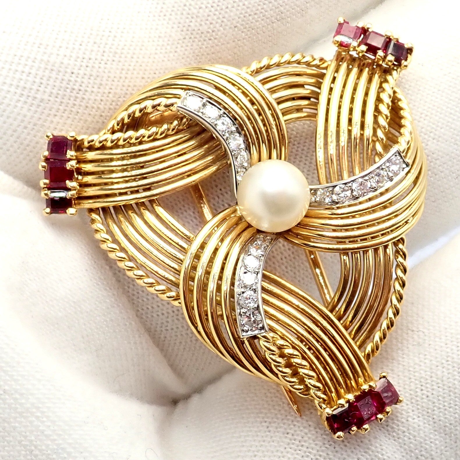 Vintage Cartier 18k Yellow Gold Diamond Ruby Pearl Pin Brooch 1960s | Fortrove