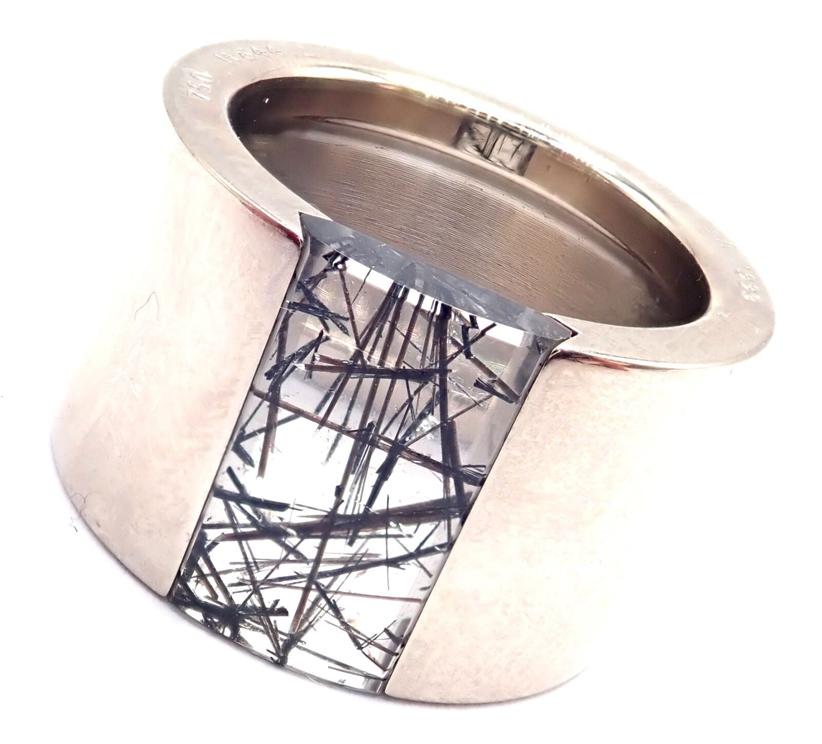 Authentic! Cartier 18k White Gold Rutilated Quartz Wide Band Ring Size 54 | Fortrove