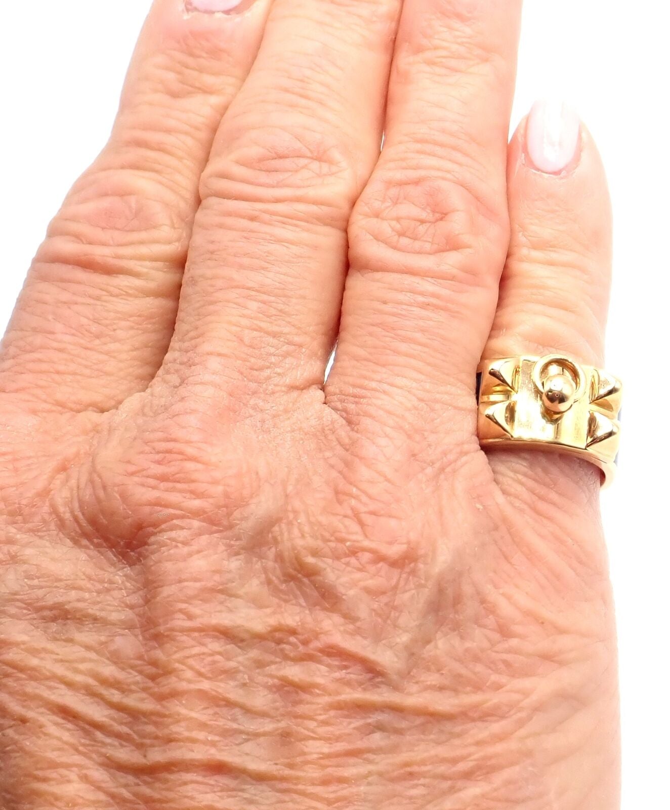 Authentic! Hermes Collier de Chien 18K Yellow Gold Blue Enamel Band Ring Size 6 | Fortrove