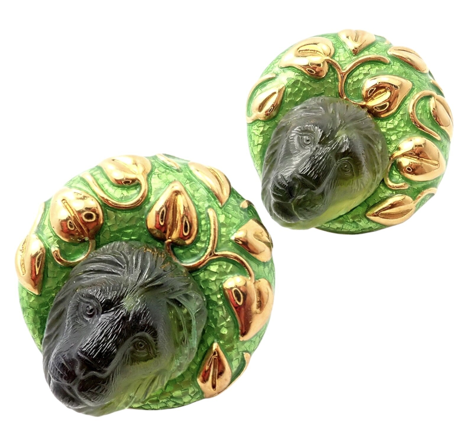 Elizabeth Gage 18k Yellow Gold Carved Green Tourmaline Enamel Lion Earrings | Fortrove