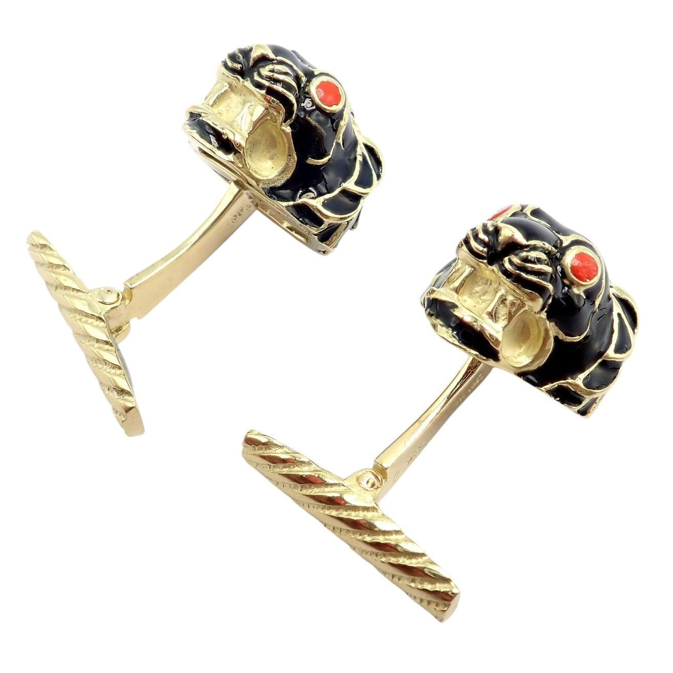 Vintage! David Webb 18k Yellow Gold Black Enamel Lion Cufflinks | Fortrove