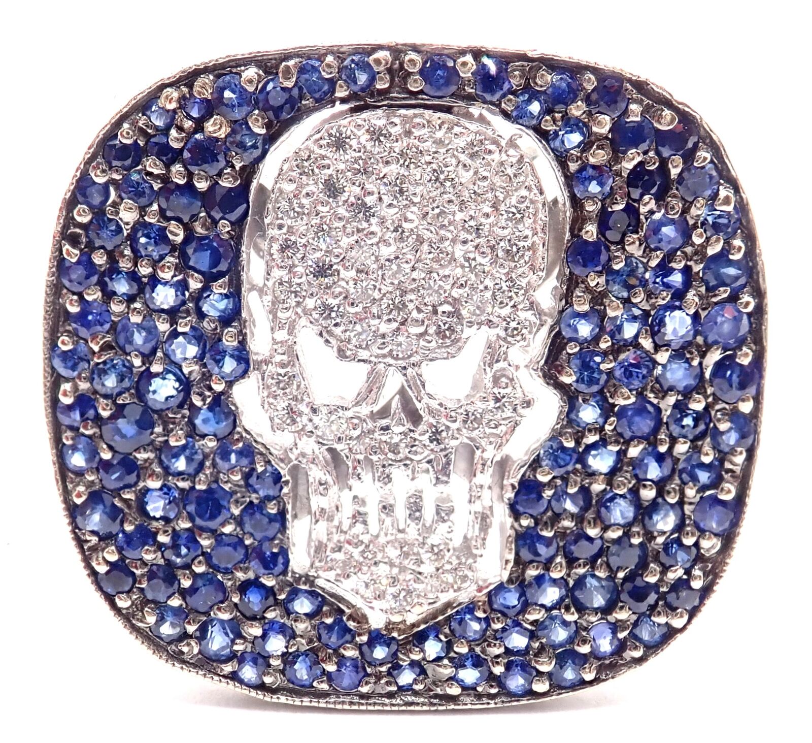 Authentic! Loree Rodkin 18k White Gold Diamond Sapphire Skull Ring Paper Box | Fortrove