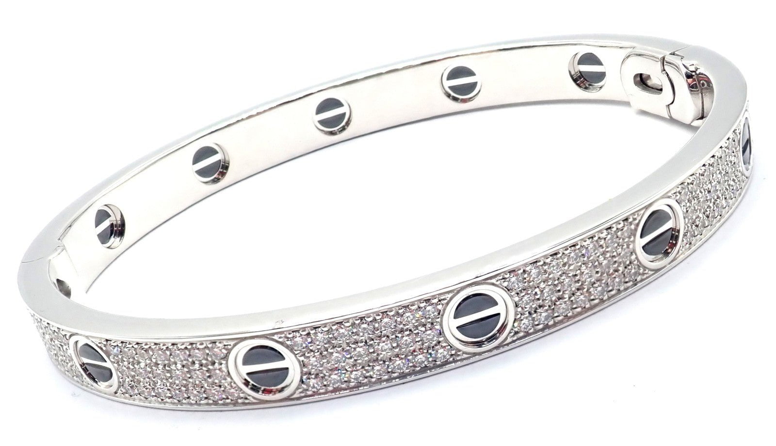 Authentic! Cartier Love 18k White Gold Diamond Pave Ceramic Bracelet Sz 18 Paper | Fortrove