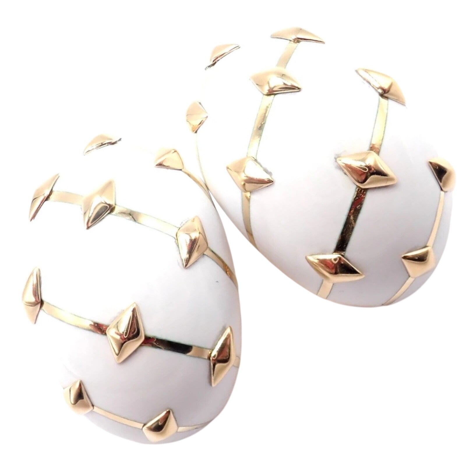 Tiffany & Co Schlumberger Dot Losange 18k Yellow Gold White Enamel Hoop Earrings | Fortrove