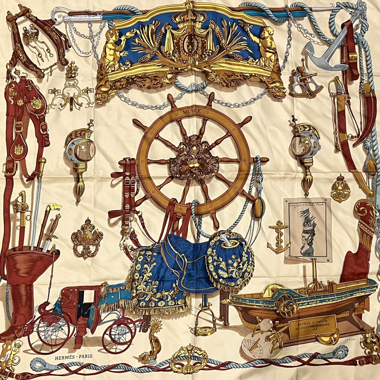 Authentic RARE! Hermes Tan Musee Museum Vintage 90cm Silk Scarf | Fortrove