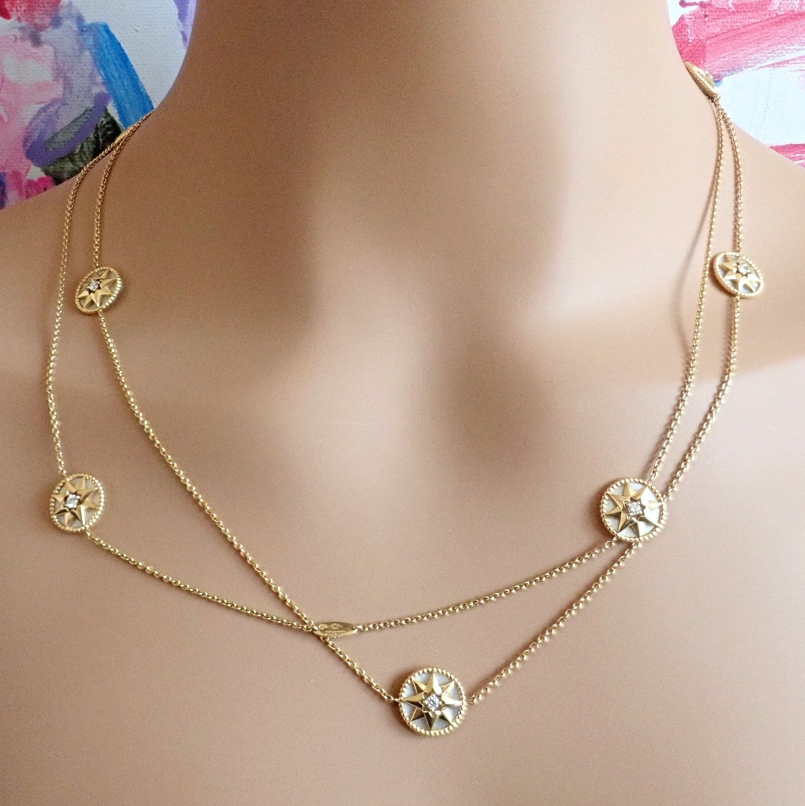 Christian Dior 18k Gold Rose De Vents Mother Of Pearl Diamond 42" Long Necklace | Fortrove