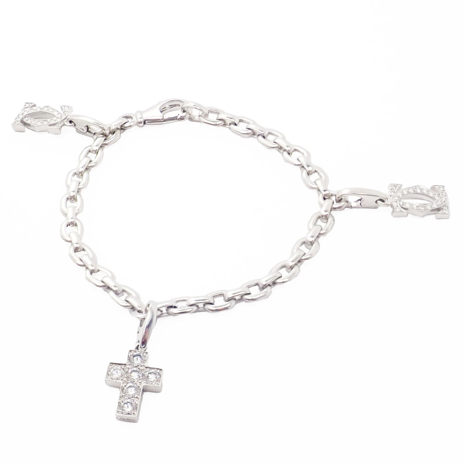Authentic! Cartier 18k White Gold 3 Charm Bracelet with Diamond Cross Double C's | Fortrove