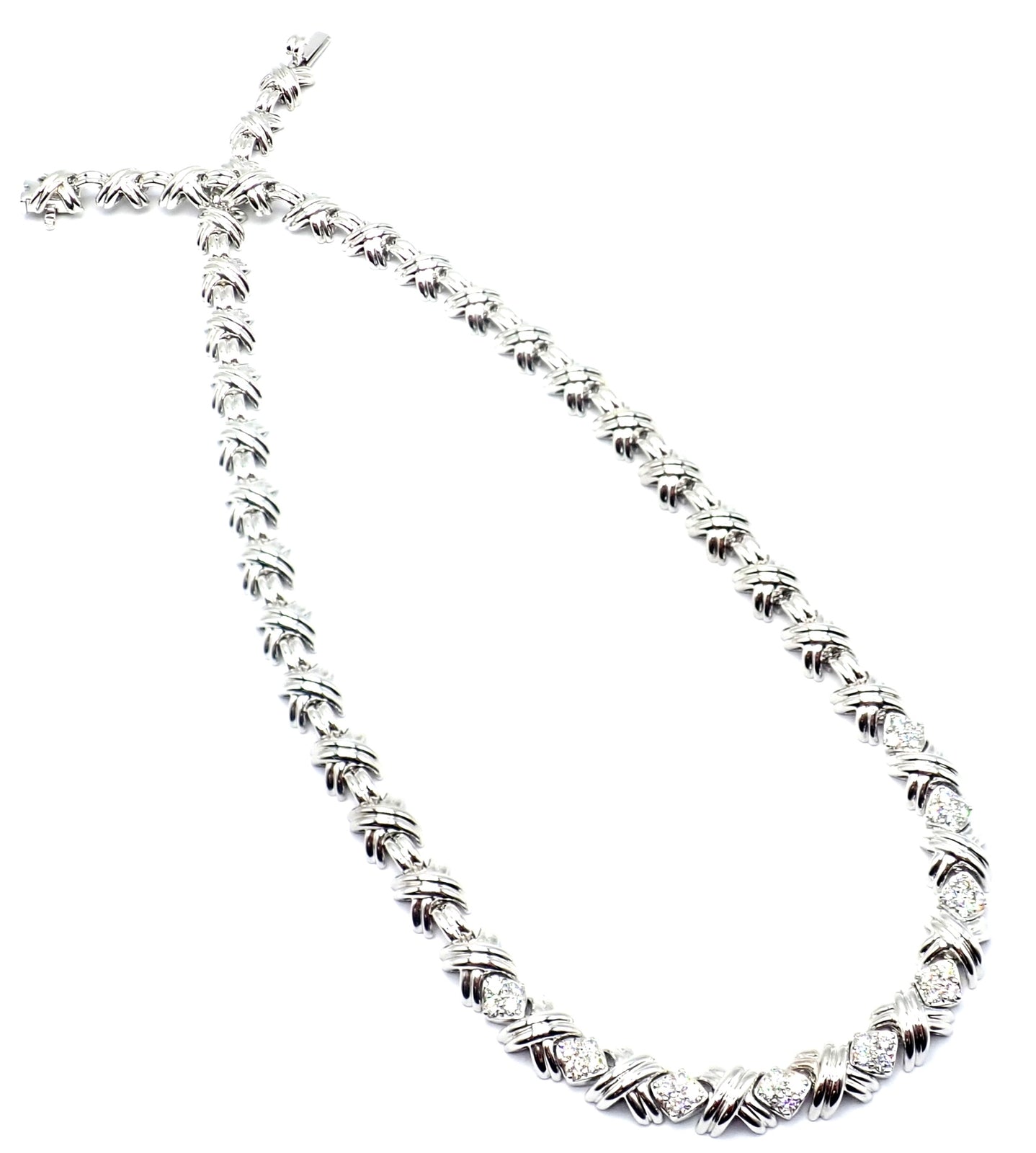 Authentic! Tiffany & Co 18k White Gold Diamond Cluster Signature X Link Necklace | Fortrove