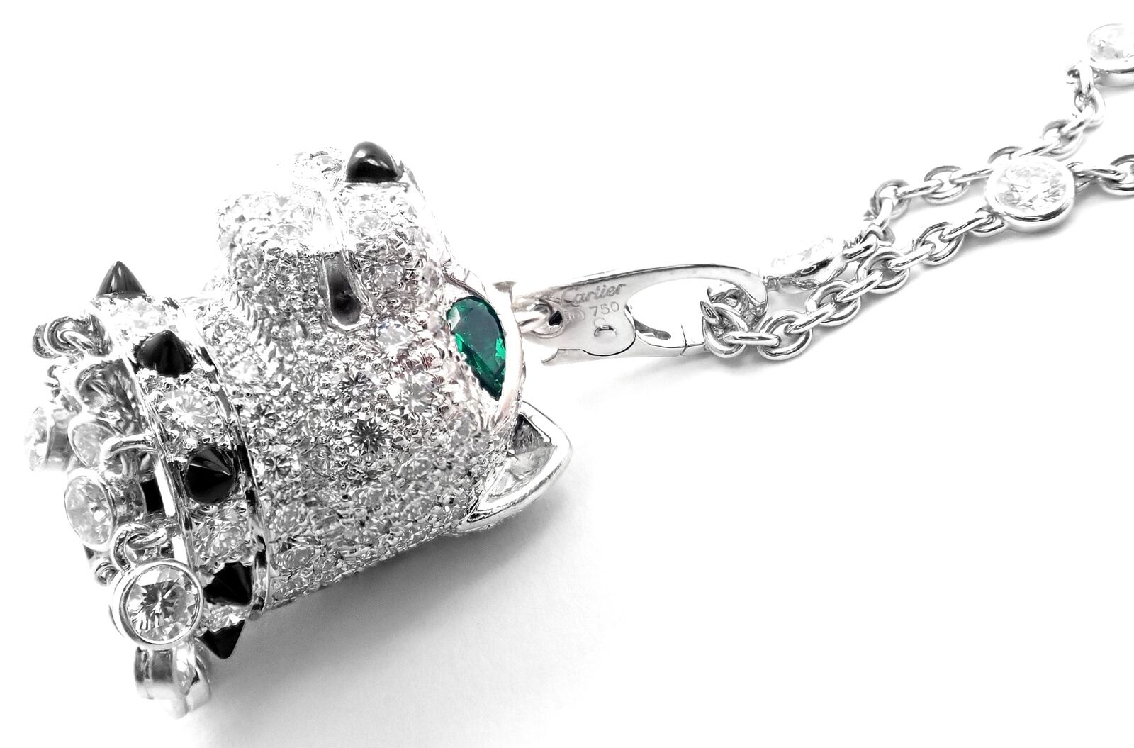 Authentic! Cartier Panther 18k White Gold Diamond Emerald Onyx Pendant Necklace | Fortrove