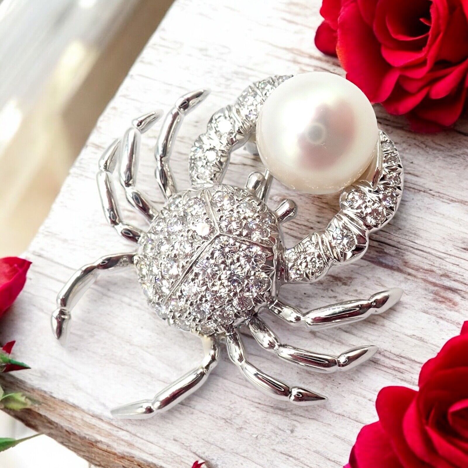Rare! Authentic Tiffany & Co Platinum Crab 1.50ct Diamond 9mm Pearl Pin Brooch | Fortrove