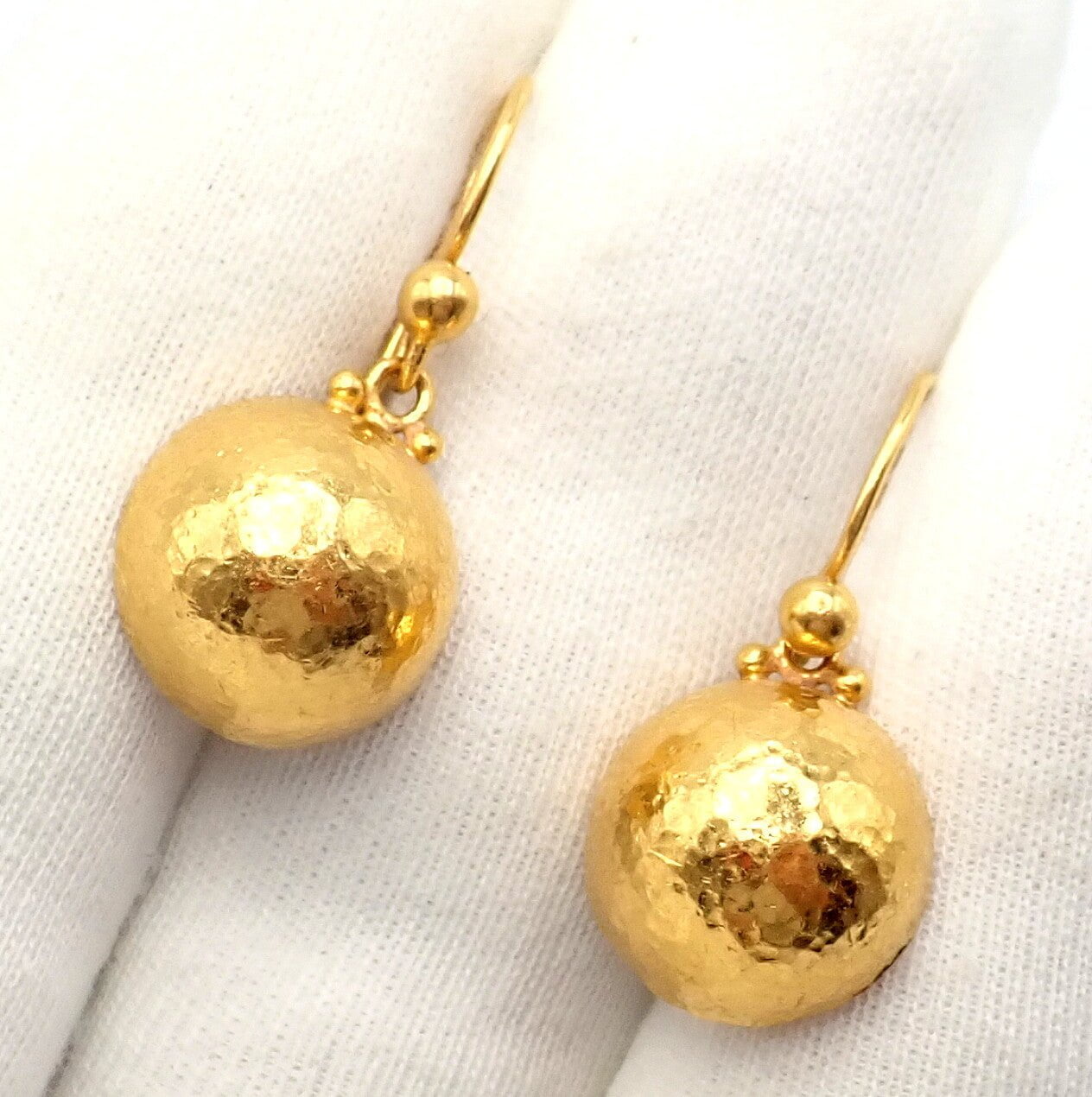 Authentic! Gurhan 24k Yellow Gold Hammered Ball Earrings | Fortrove
