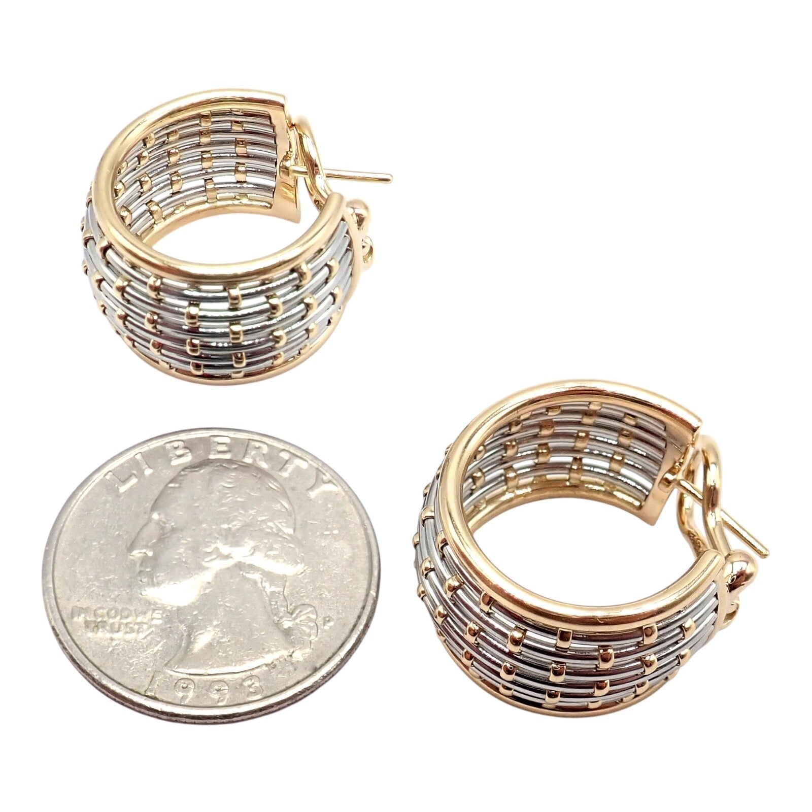 Authentic! Cartier 18k Yellow Gold + SS Basket Weave Ring + Earrings Set | Fortrove