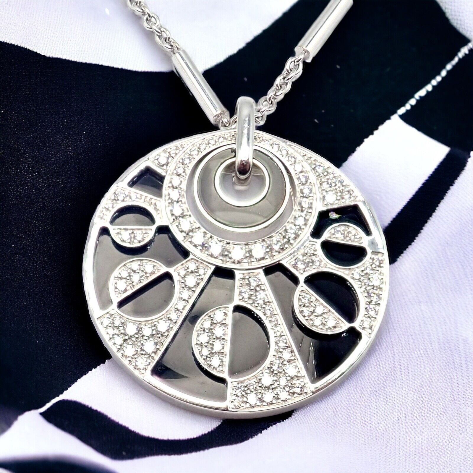 Authentic Bvlgari Bulgari Intarsio 18k White Gold 5ctw Diamond Onyx 18" Necklace | Fortrove