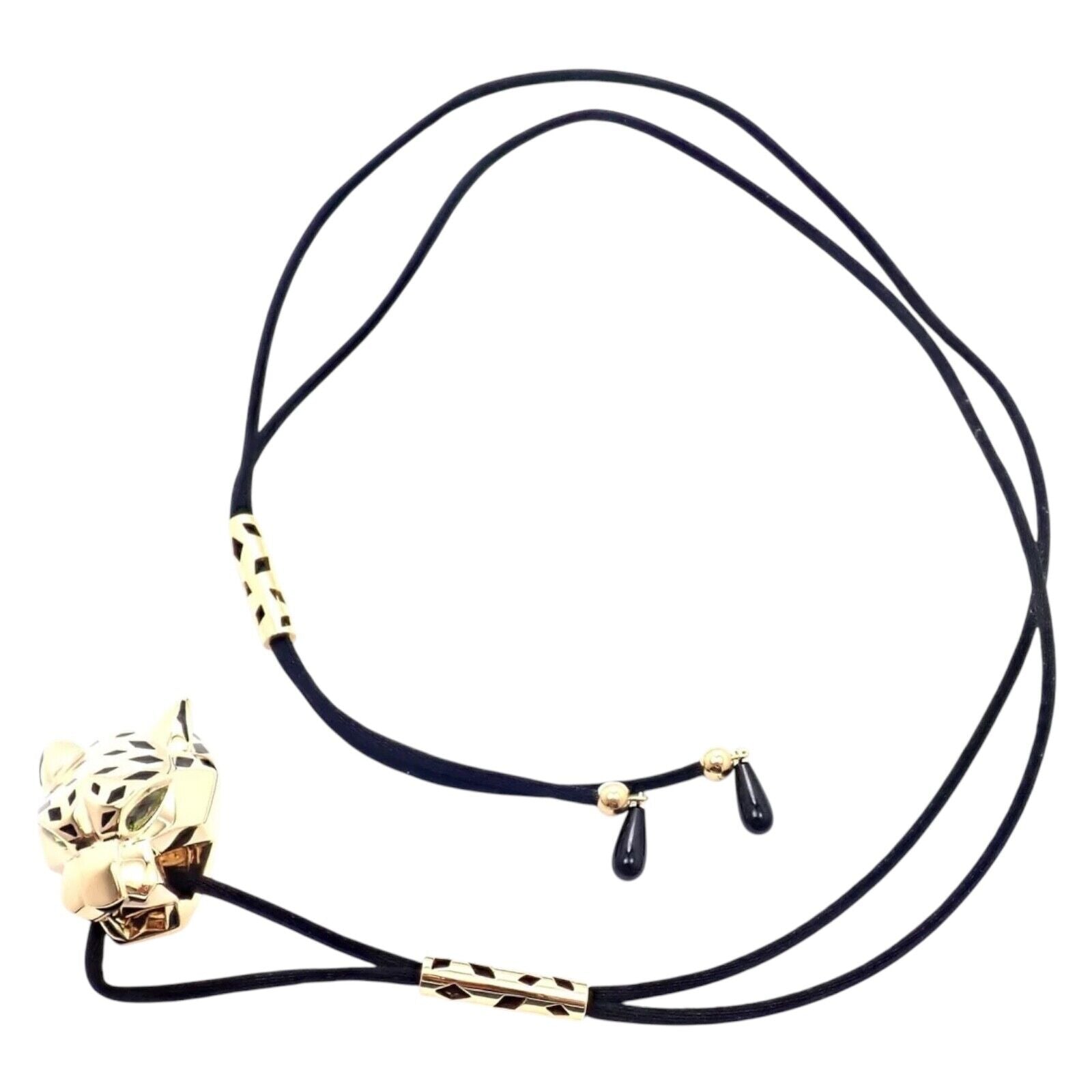 Authentic Cartier Panther Panthere 18k Yellow Gold Peridot Lacquer Cord Necklace | Fortrove