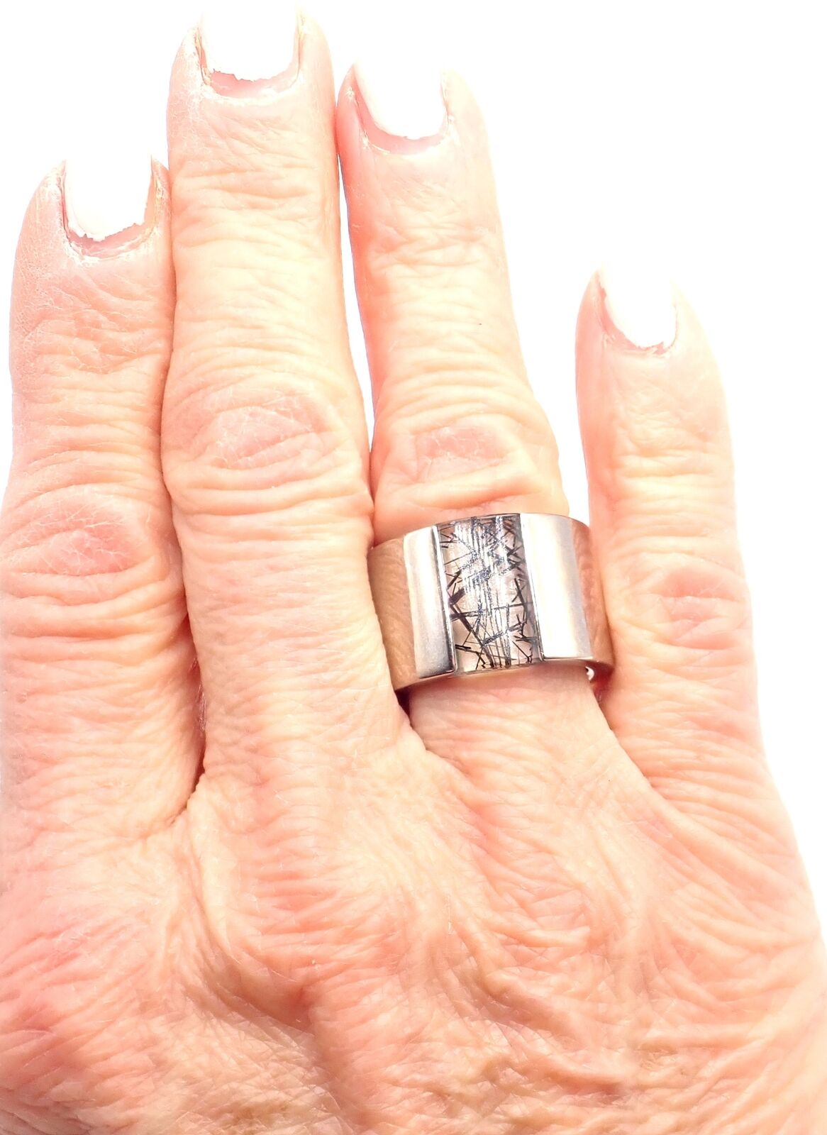 Authentic! Cartier 18k White Gold Rutilated Quartz Wide Band Ring Size 54 | Fortrove