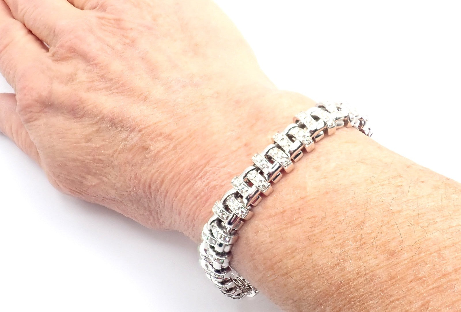 Authentic! Tiffany & Co Vannerie 18k White Gold Basket Weave Diamond Bracelet | Fortrove