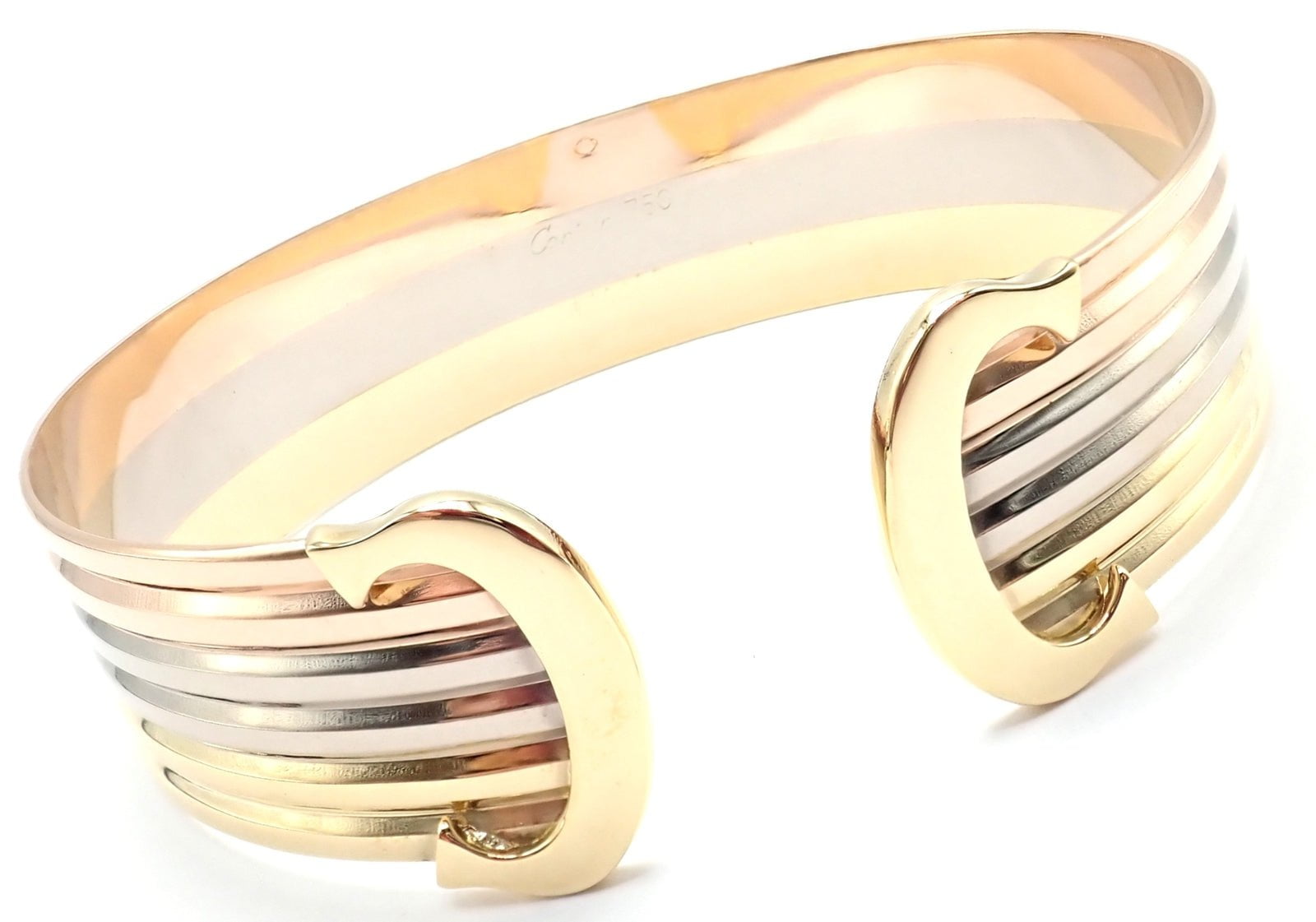Authentic! Cartier 18k Tri-Color Gold Double C Wide Cuff Bangle Bracelet | Fortrove
