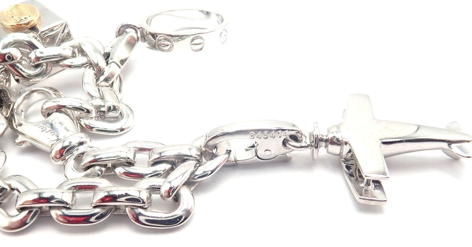 Authentic Cartier 18k White Gold 4 Charm Panther Airplane Love Box Link Bracelet | Fortrove