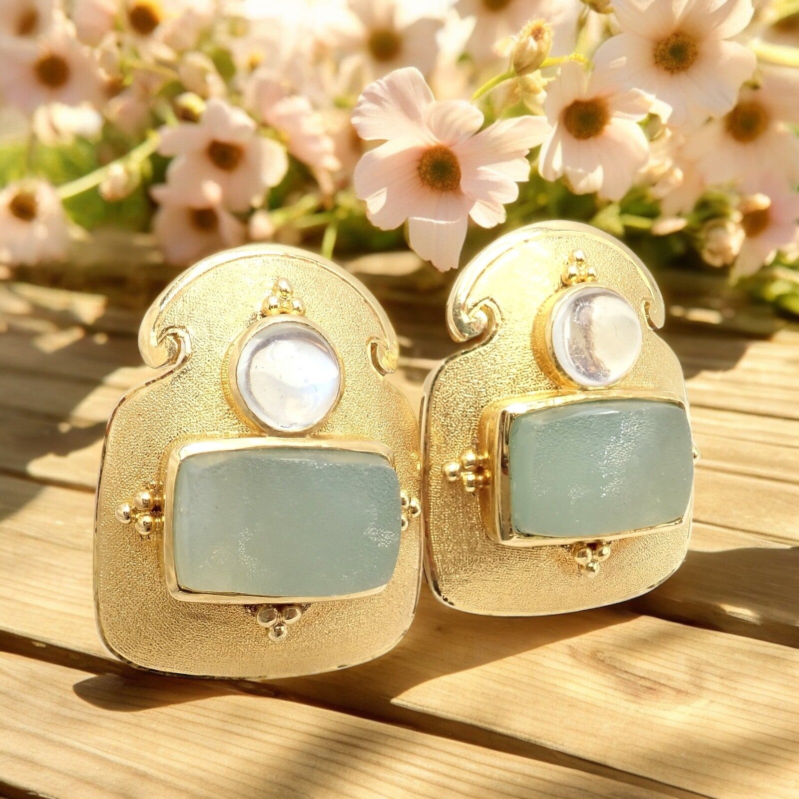 Paula Crevoshay Jewelry & Watches:Fine Jewelry:Earrings Rare! Vintage Paula Crevoshay 18k Gold Smithsonite Moonstone Earrings OOAK
