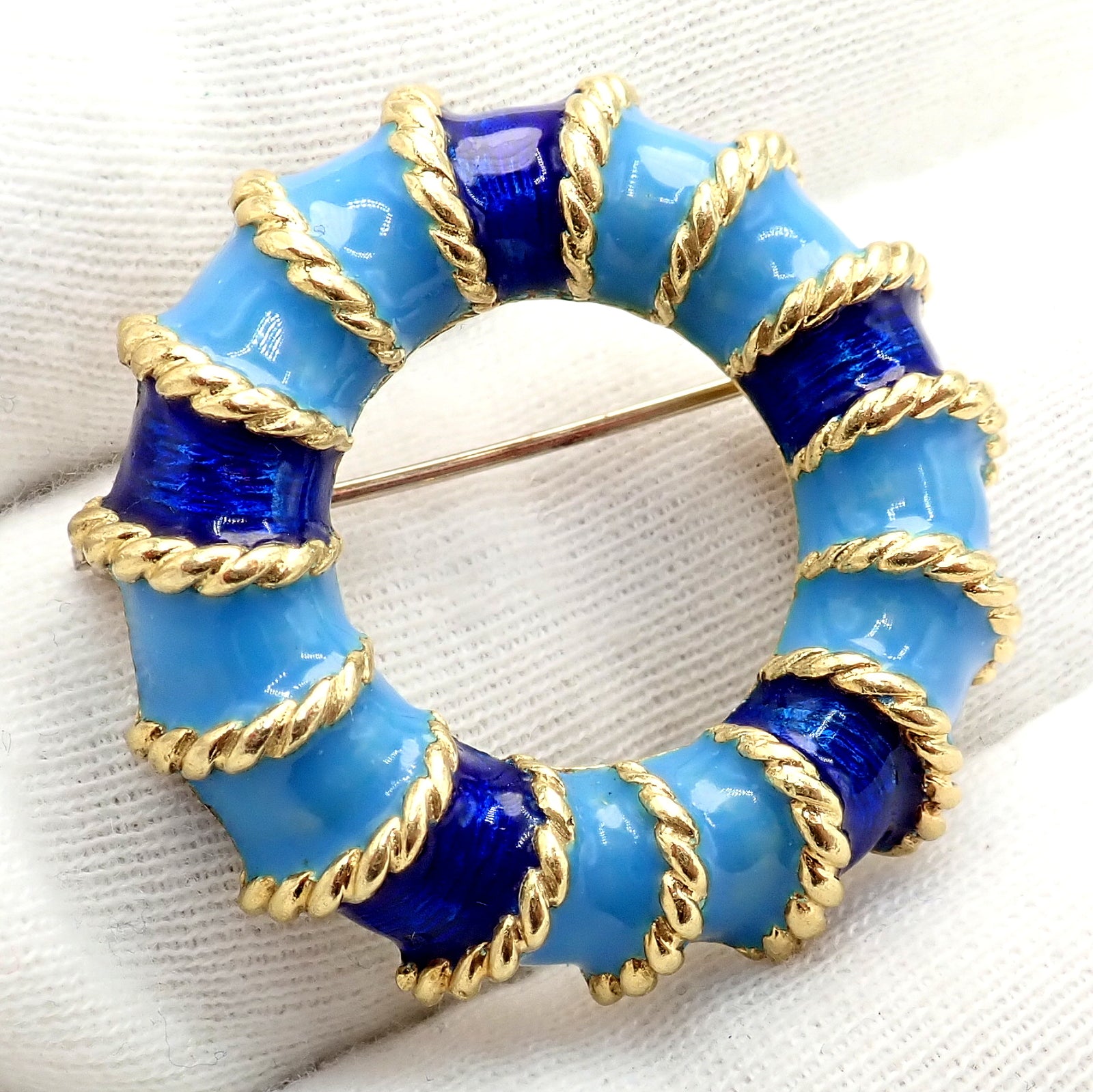 Rare! Vintage Tiffany & Co 18k Yellow Gold Blue Enamel Circle Rope Brooch Pin | Fortrove