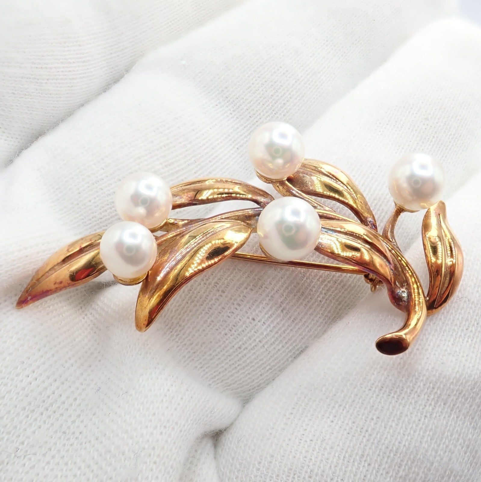 Vintage Tiffany & Co 18k Gold 5 Pearl Leaf Branch Pin Brooch 1987 | Fortrove
