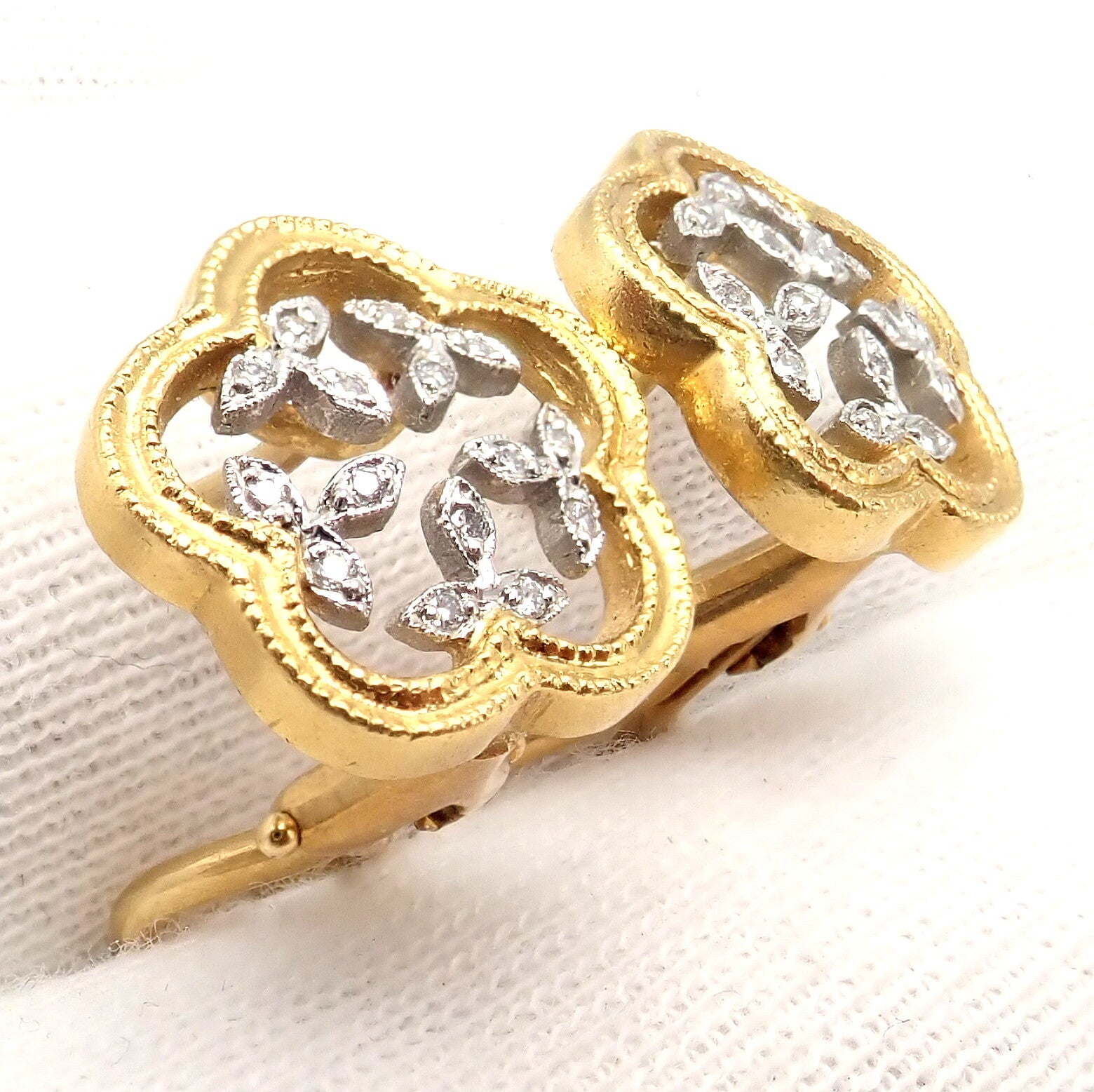 Authentic! Cathy Waterman 22k Yellow Gold Platinum Diamond Vine Flower Earrings | Fortrove