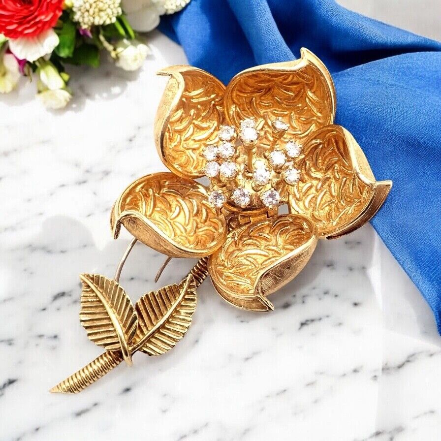 Hammerman Brothers 18k Yellow Gold Diamond Rose Flower Night & Day Brooch Pin | Fortrove