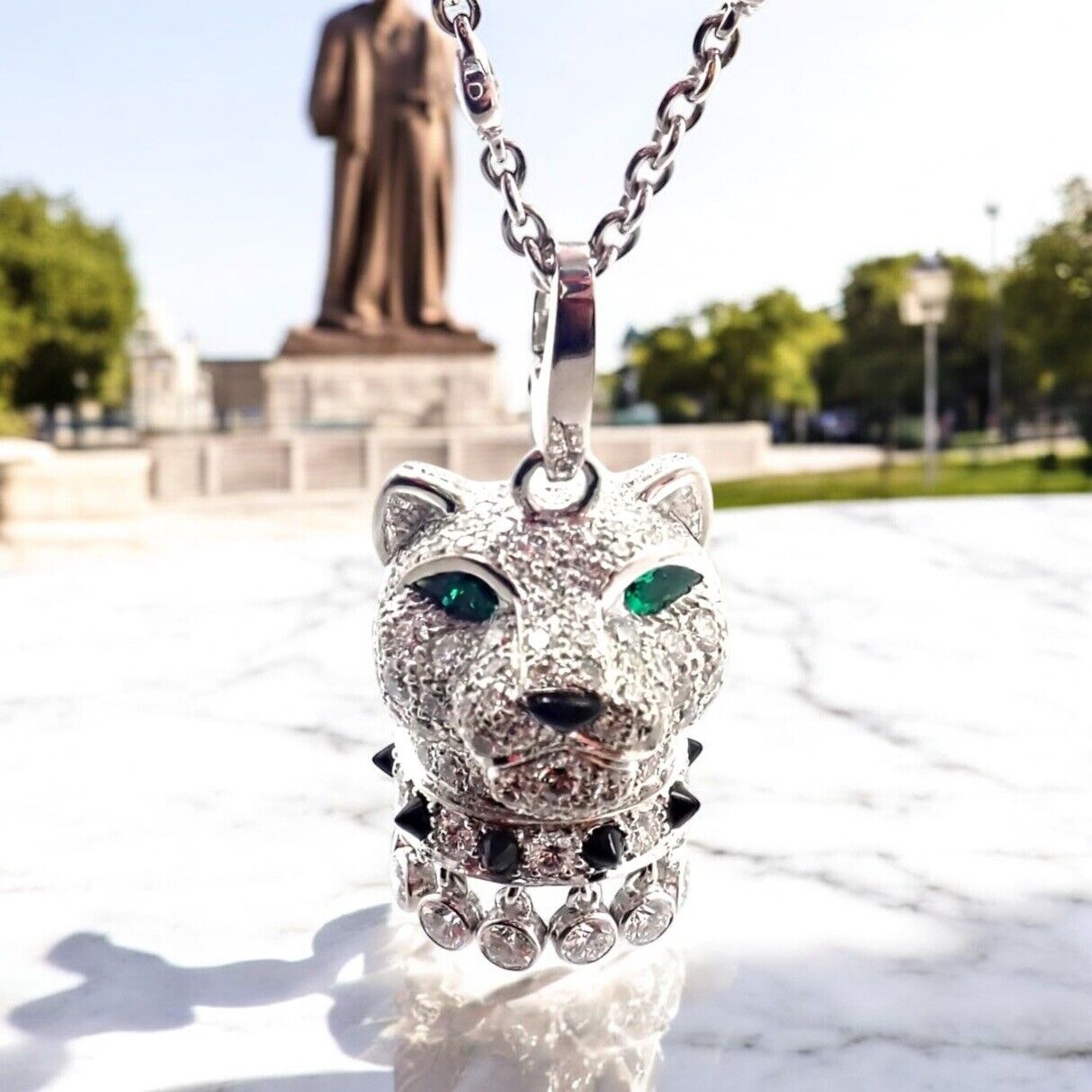 Authentic! Cartier Panther 18k White Gold Diamond Emerald Onyx Pendant Necklace | Fortrove