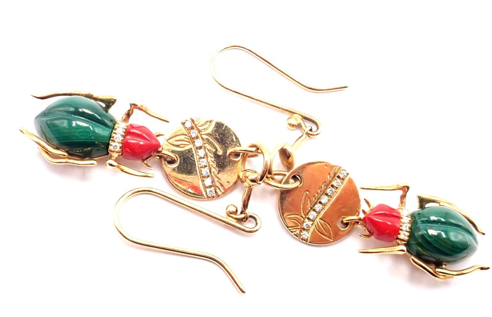 Authentic! Gucci 18k Yellow Gold Diamond Malachite Carnelian Scarab Earrings | Fortrove