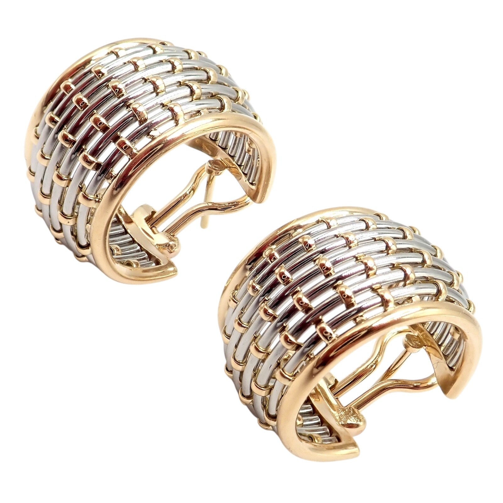 Authentic! Cartier 18k Yellow Gold + SS Basket Weave Ring + Earrings Set | Fortrove