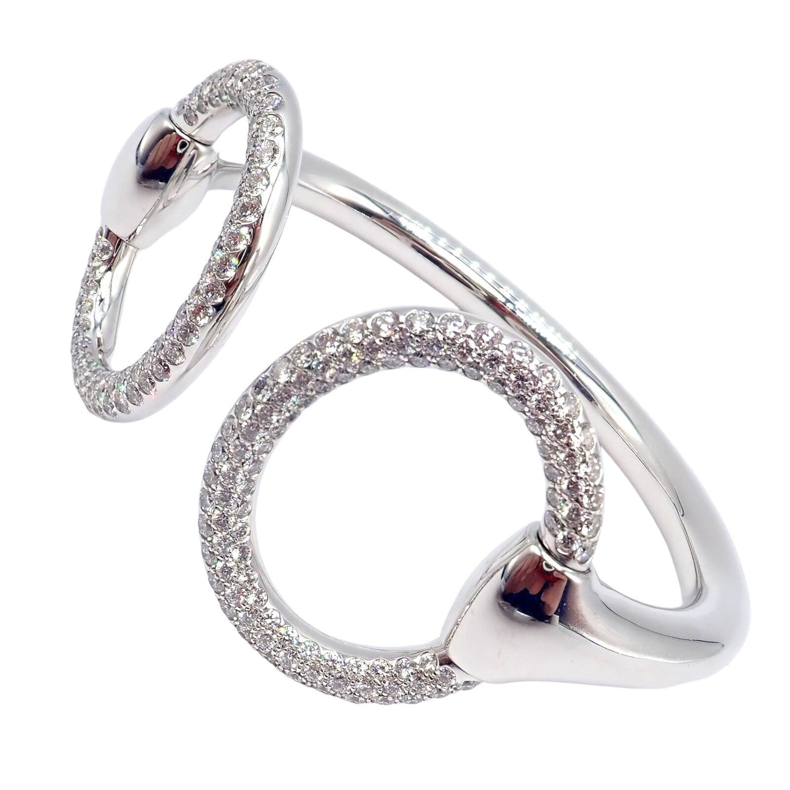 Authentic! Hermes Nausicaa 18K White Gold Diamond Horsebit Cuff Bangle Bracelet | Fortrove