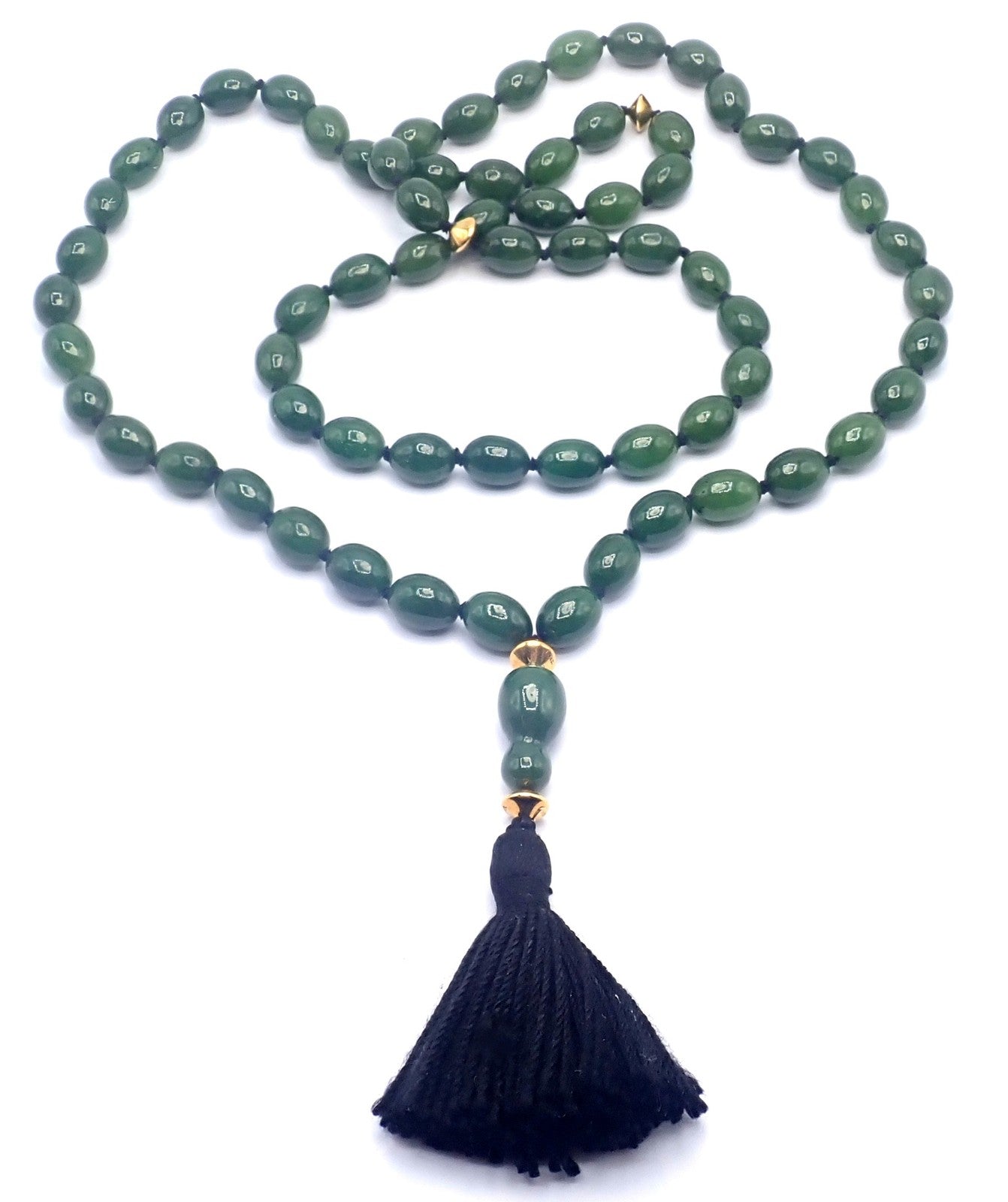 Authentic! Tiffany & Co Cummings 18k Yellow Gold Nephrite Jade Bead Necklace | Fortrove
