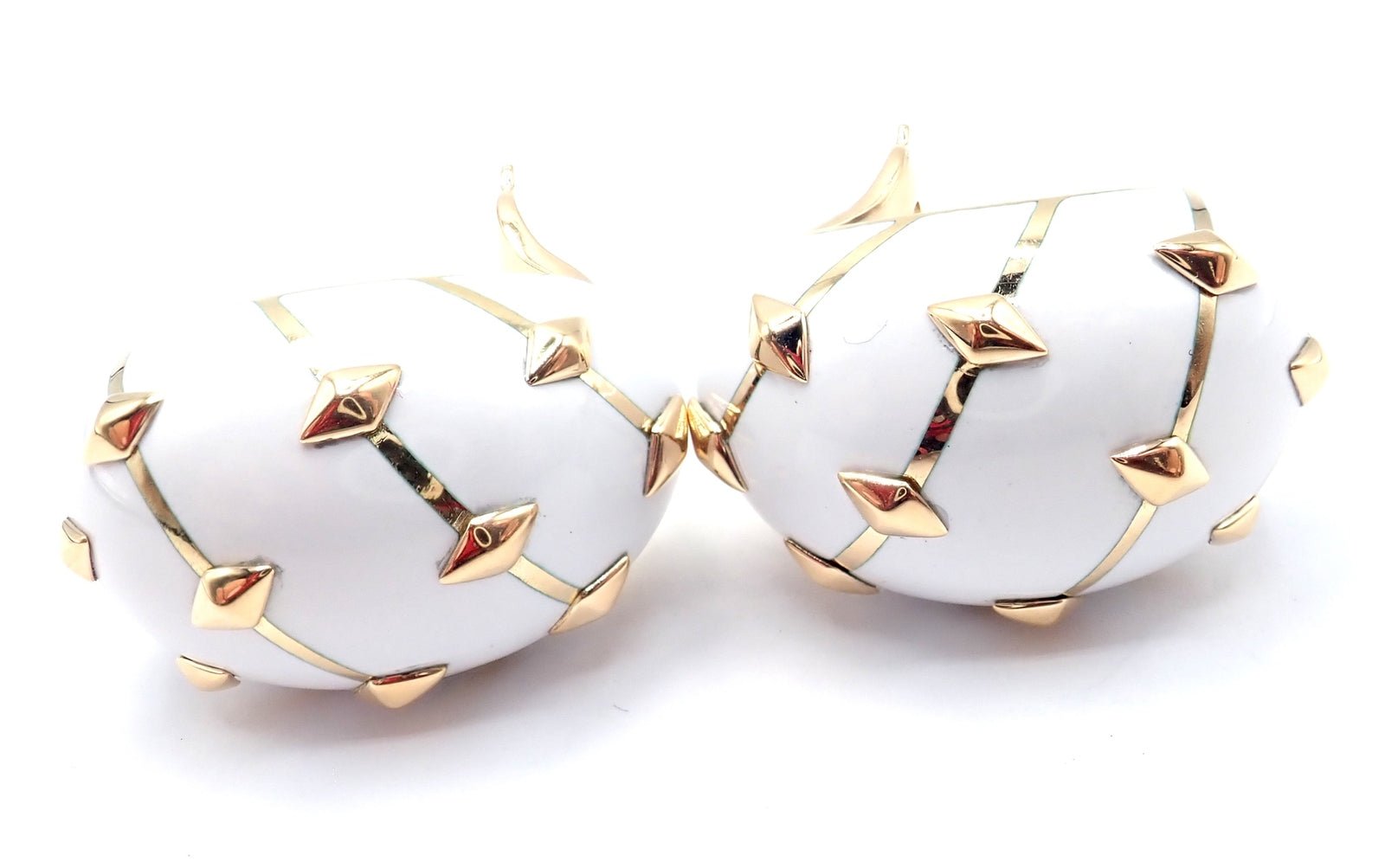 Tiffany & Co Schlumberger Dot Losange 18k Yellow Gold White Enamel Hoop Earrings | Fortrove