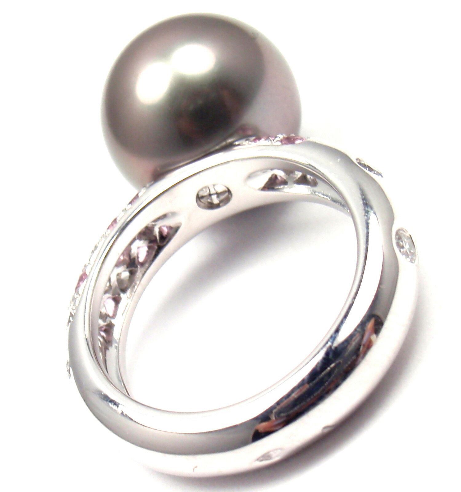 Authentic! Cartier 18k White Gold Tahitian Pearl Diamond Pink Sapphire Ring | Fortrove